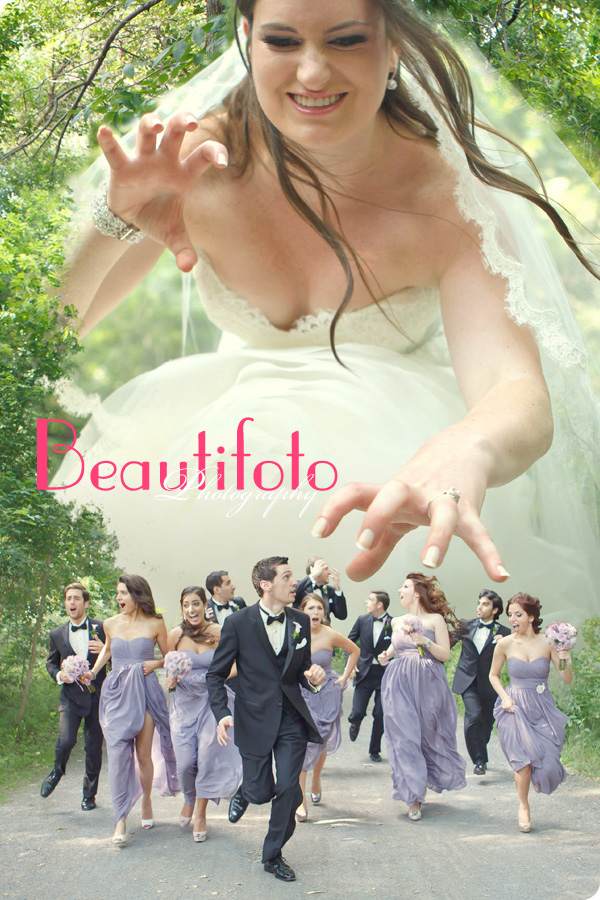Bridal party running away from the bride