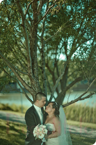 the bride and groom posing by a tree in bois franc