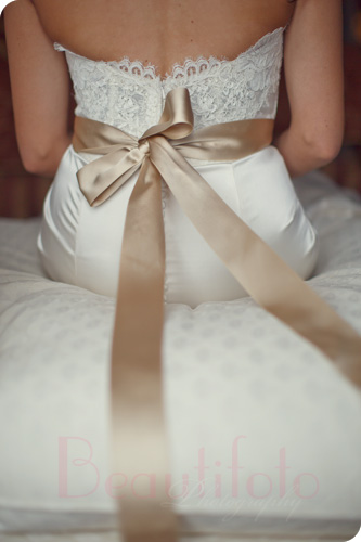 the back of the bride's dress with a ribbon